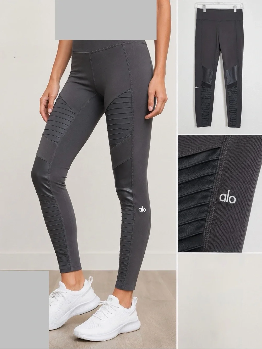 ALO Yoga Moto Leggings Tights Graphite Gray Mesh Panel Size S